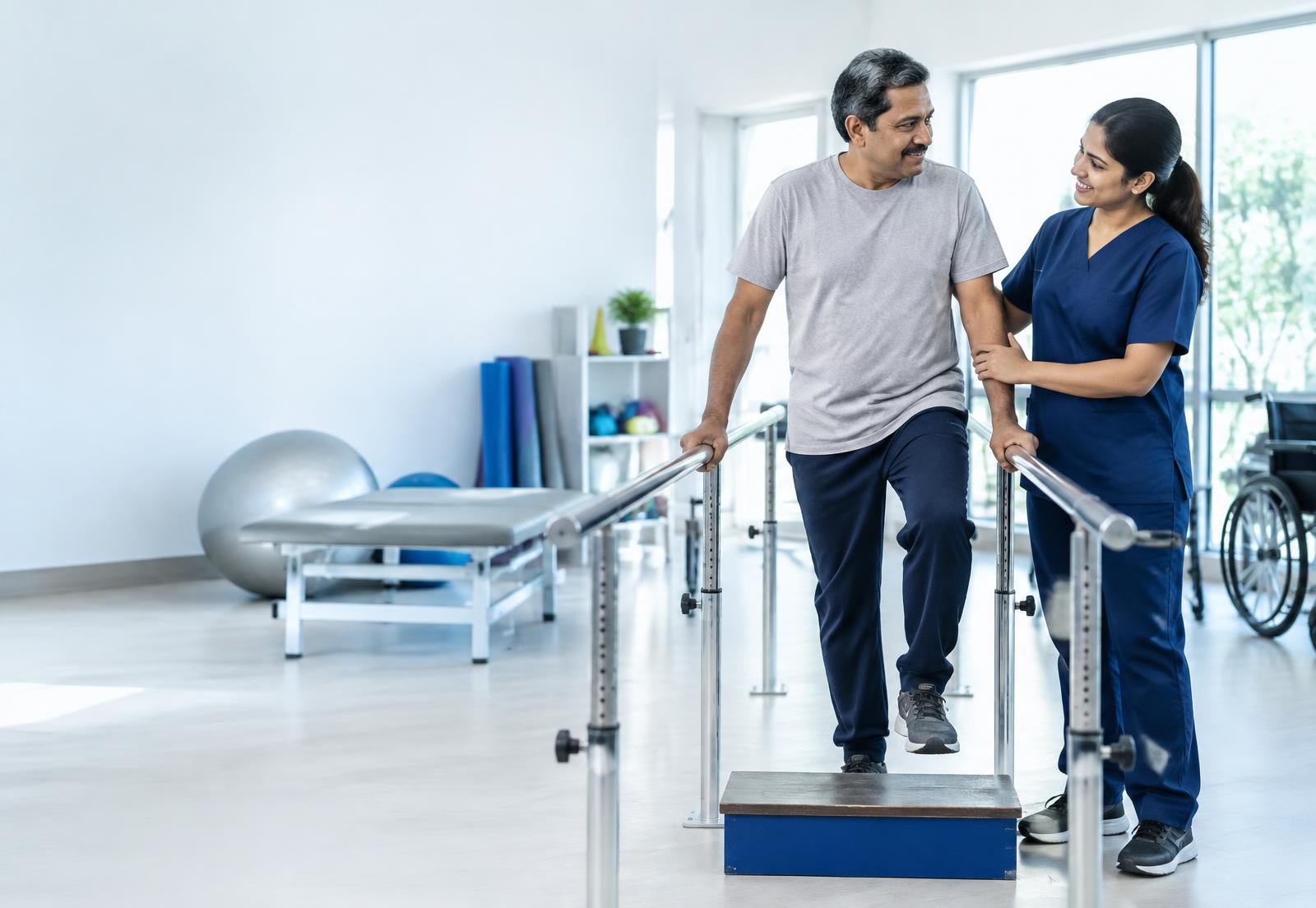 A rehabilitation therapist supporting a patient during mobility practice